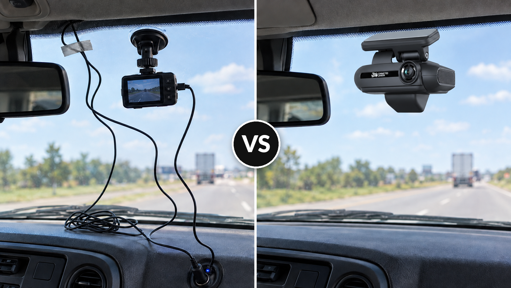 Split screen comparison of consumer dash cam with messy hanging wires versus sleek commercial dash cam installed in a vehicle.