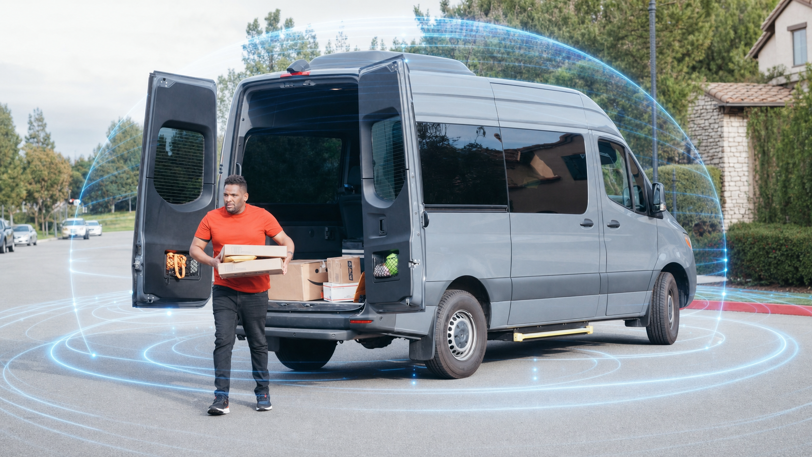 Delivery driver unloading packages from a van surrounded by a blue AI 360-degree sensing field.