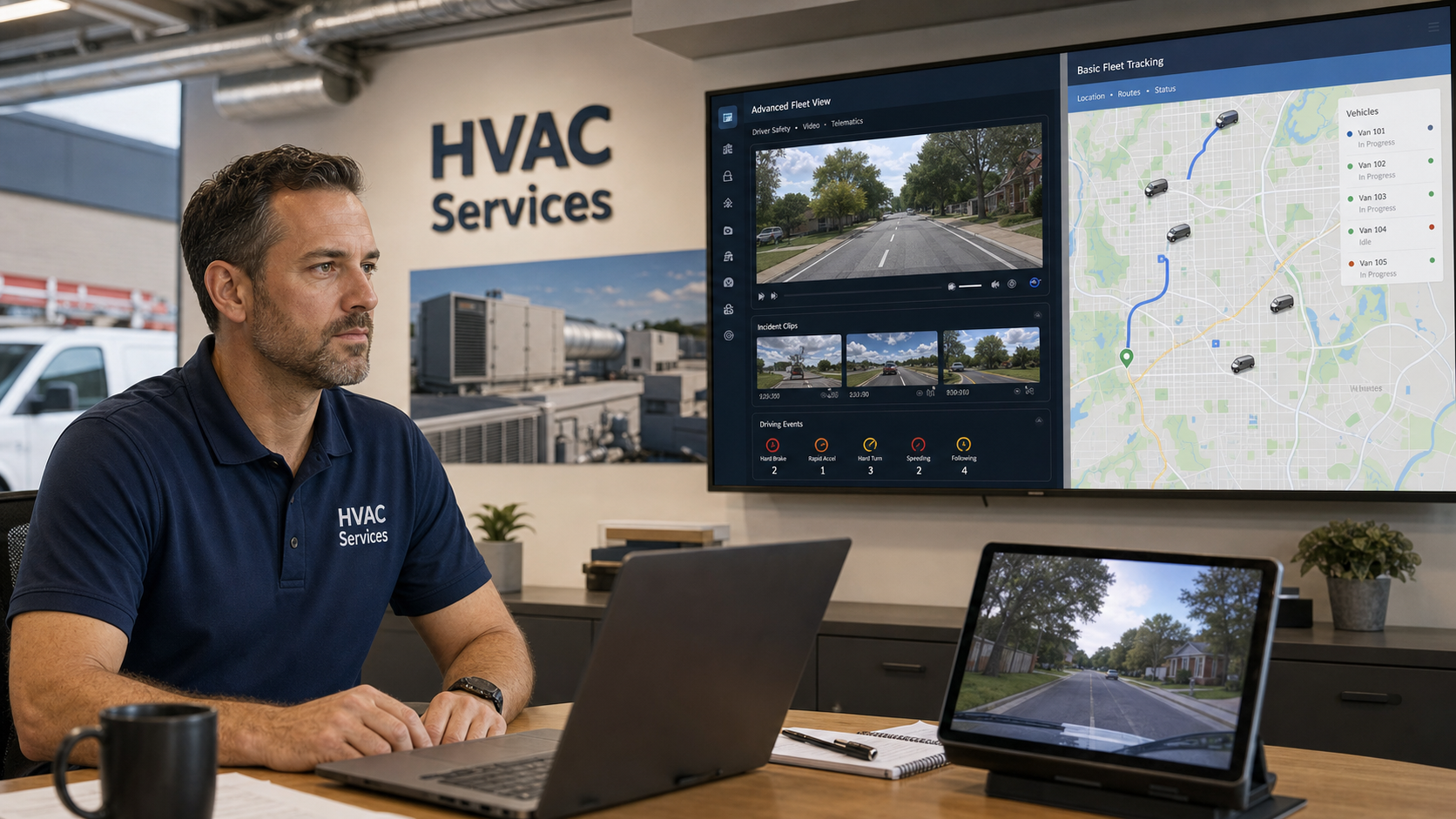 HVAC fleet manager comparing video telematics dashboard and dashcam feed with basic GPS tracking map on display monitors