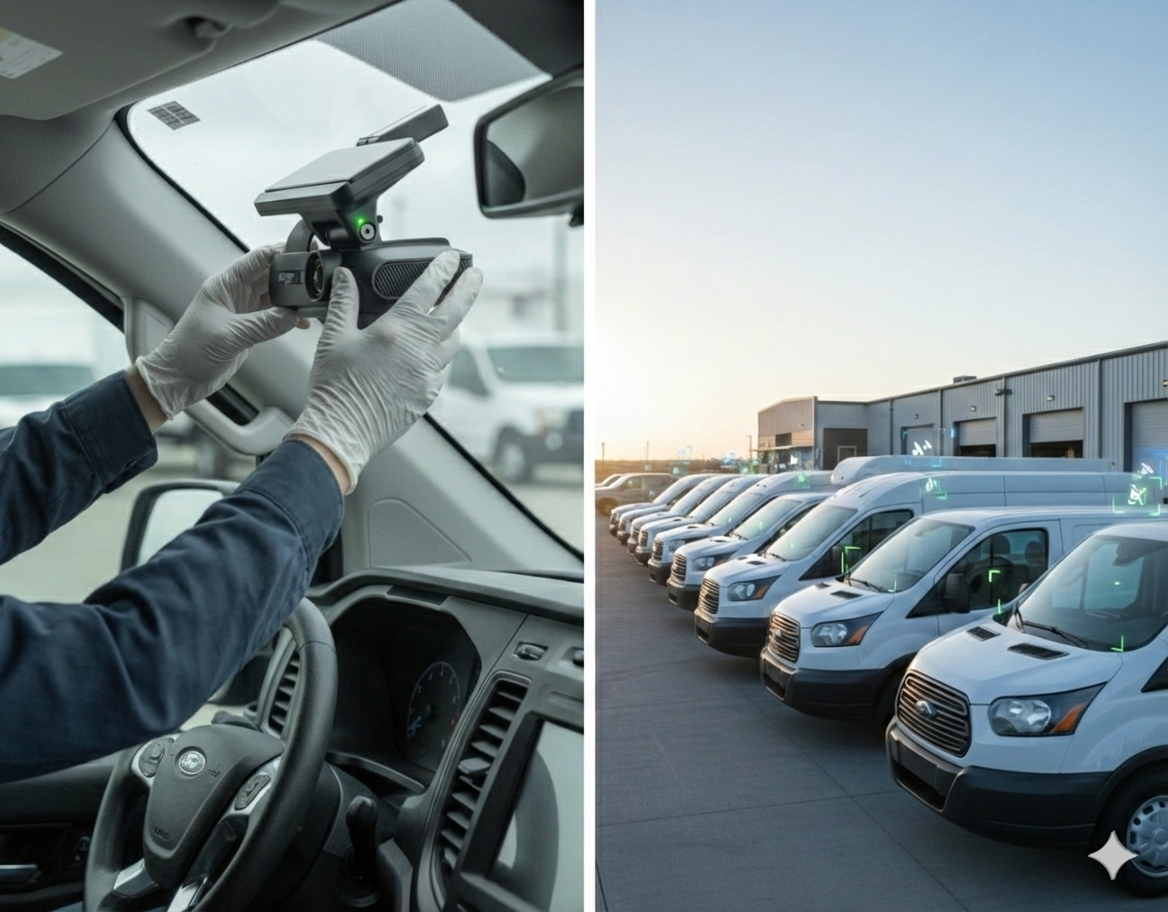 Technician Installing a SureCam Dash Camera in a fleet of HVAC and Plumbing Vans