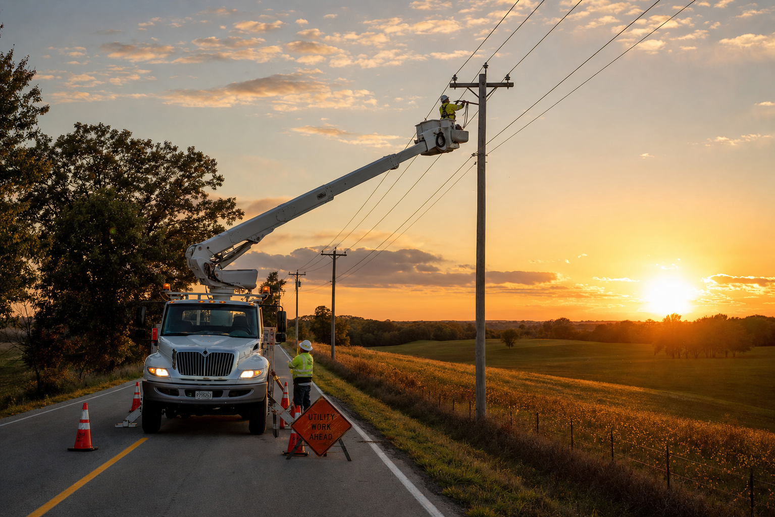 A utility crew utilizing a service truck equipped with SureCam dash cams for safety as they perform maintenance on power lines during sunset.