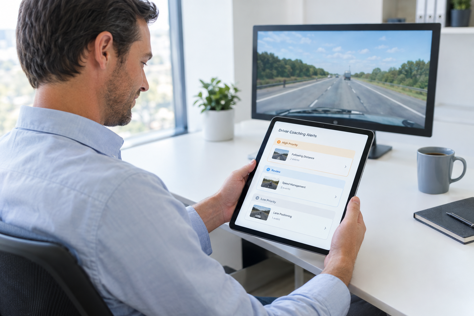 Fleet manager reviewing AI Driver Coaching Alerts on a tablet with road footage displayed on a desktop monitor