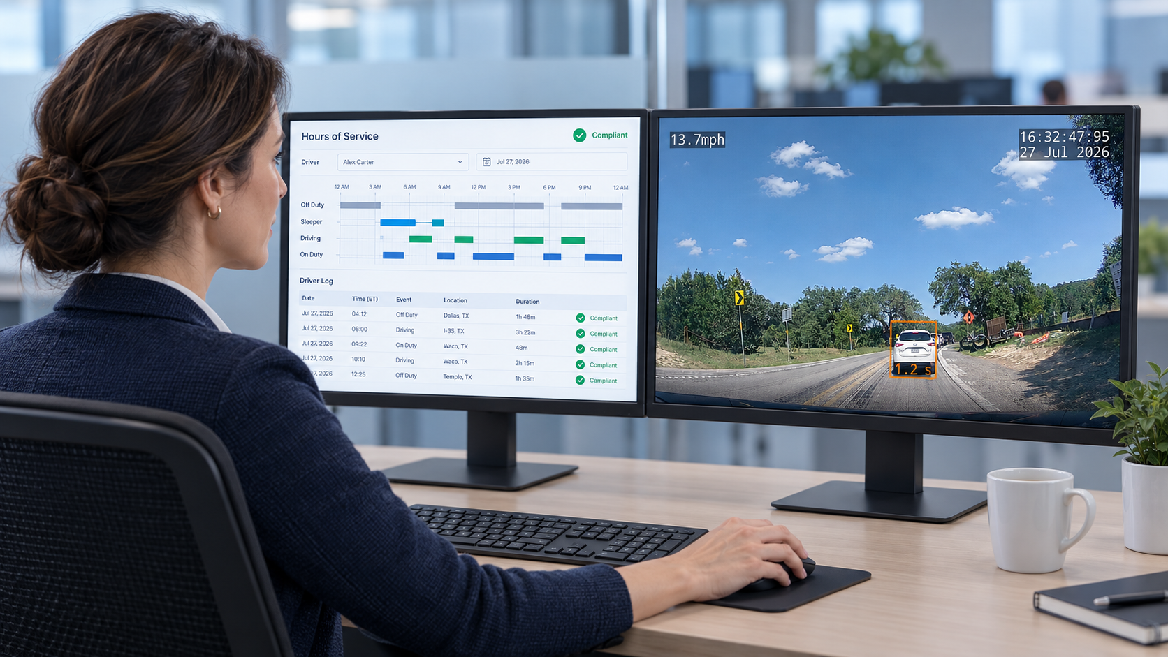 Fleet manager monitoring an ELD hours of service dashboard and live dashcam video feed on dual monitors
