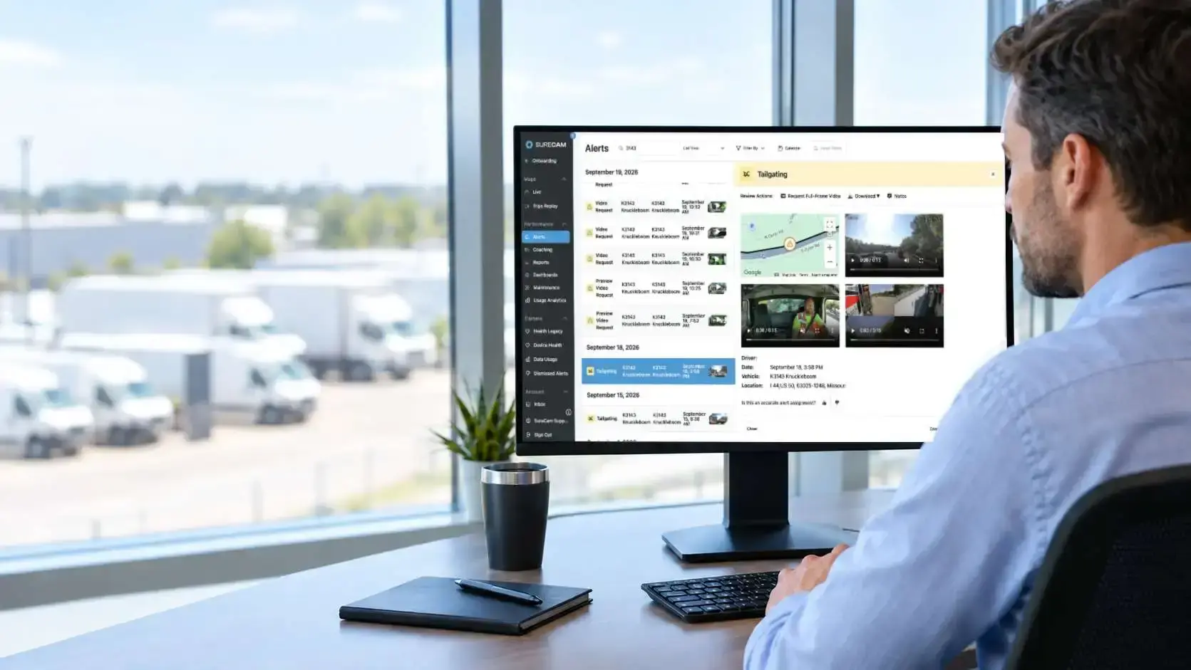 Fleet manager reviewing SureCam dash cam safety alerts and video footage on desktop monitor overlooking fleet vehicles