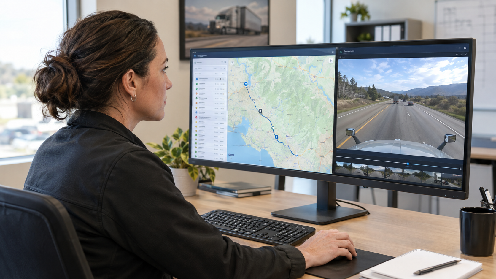 Fleet manager reviewing live GPS tracking map and dashcam video feed on a monitor   