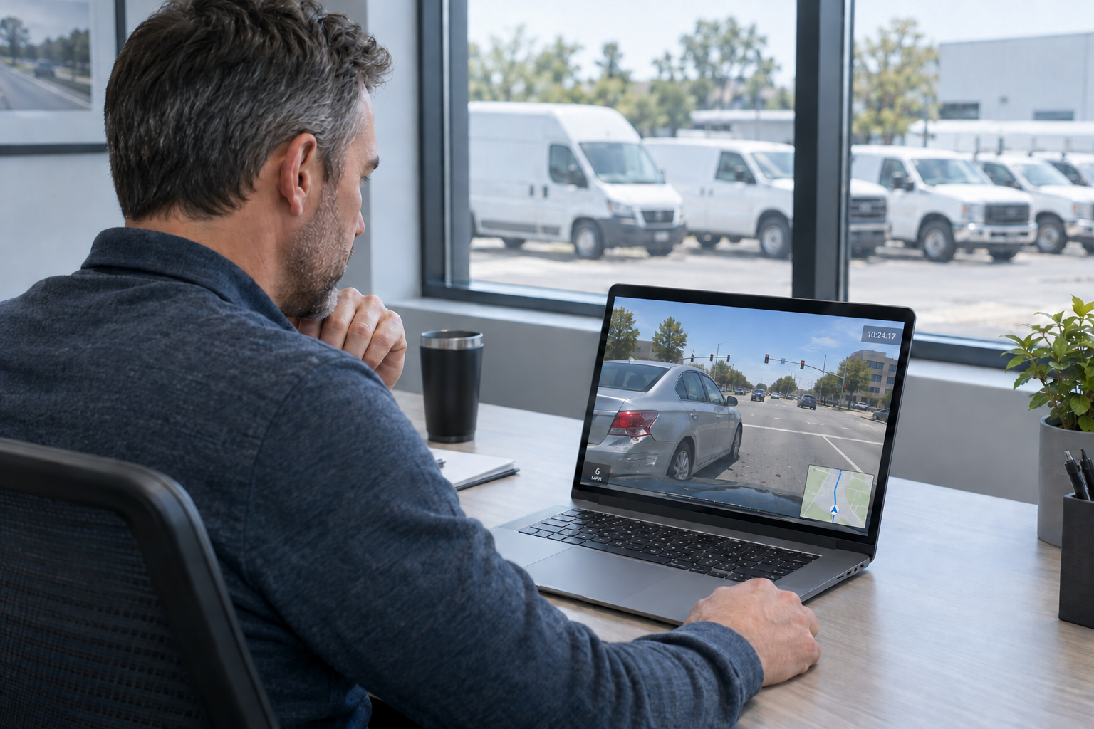 Fleet manager at desk reviewing dashcam video footage of a car accident on laptop near parked fleet vans