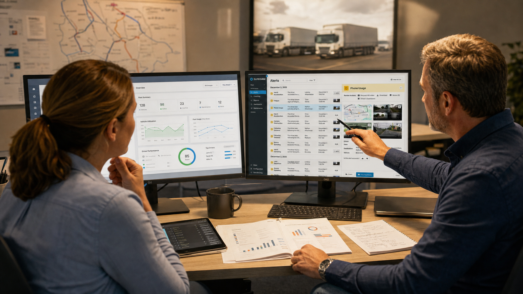 Two logistics managers analyzing fleet management software dashboards and telematics data on dual computer monitors in a logistics office.
