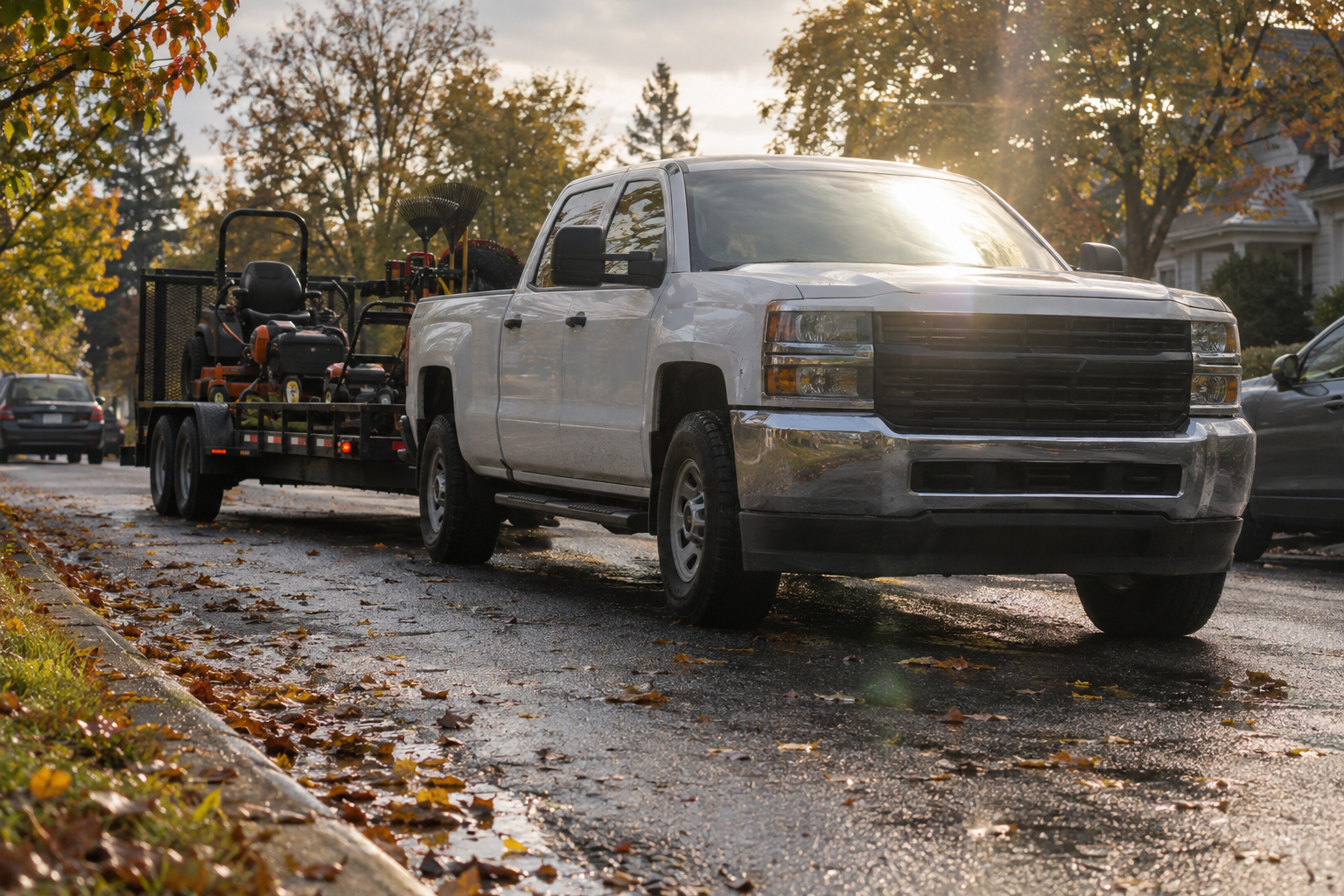 White pickup truck towing a landscaping trailer loaded with lawn mowers on a residential street in autumn