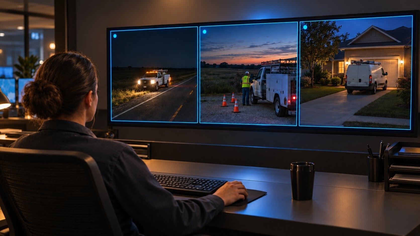 Fleet manager monitoring real-time camera video feeds of service trucks on a multi-screen dashboard display