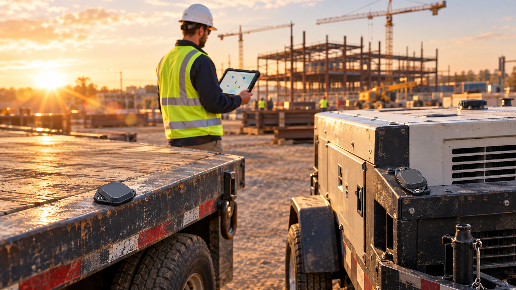 Construction worker using tablet to track SureCam ST1 asset tracking devices mounted on trailer bed and generator.