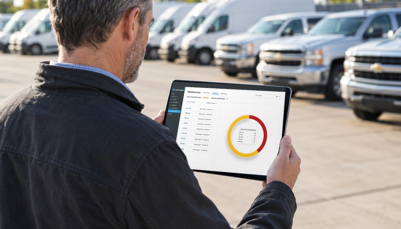Fleet manager reviewing SureCam vehicle maintenance schedules on a tablet in front of a parked commercial fleet.   